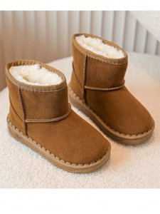 1pair Girls' Round Toe Black Textile Snow Boots With Plush Lining, Non-Slip Sole And Suitable For 3-12 Years Old In Autumn And Winter Seasons