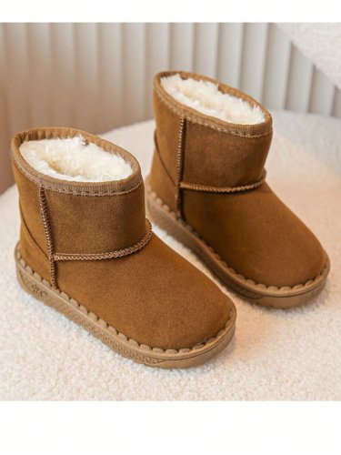 1pair Girls' Round Toe Black Textile Snow Boots With Plush Lining, Non-Slip Sole And Suitable For 3-12 Years Old In Autumn And Winter Seasons