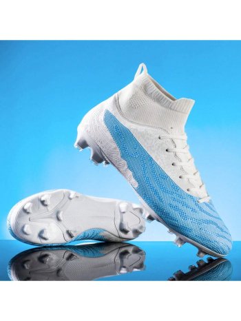 Professional Competition Sneakers For Teenagers, Outdoor Sports, Children's Spiked Soccer Shoes, 7-15 Years Old, Non-slip, Wear-resistant, Professional Training Sneakers, Blue And White